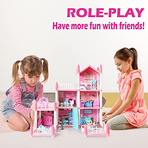 Doll House Dream House for Girls - DIY 3 Story 6 Rooms Pink Dollhouse with 6 Dolls Toy Figures, Pet Dog, Furniture, Pretend Play House with Accessories, Ideal Birthday Toy for Girls