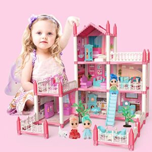 Doll House Dream House for Girls - DIY 3 Story 6 Rooms Pink Dollhouse with 6 Dolls Toy Figures, Pet Dog, Furniture, Pretend Play House with Accessories, Ideal Birthday Toy for Girls