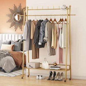 gold clothing rack, portable rolling clothes racks for hanging clothes heavy duty double rod boutique clothing garment rack, coat rack with a bottom shelf 47.2”l