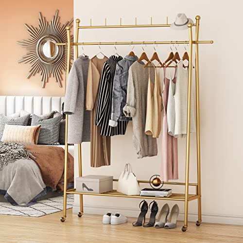 Gold Clothing Rack, Portable Rolling Clothes Racks for Hanging Clothes Heavy Duty Double Rod Boutique Clothing Garment Rack, Coat Rack with a Bottom Shelf 47.2”L