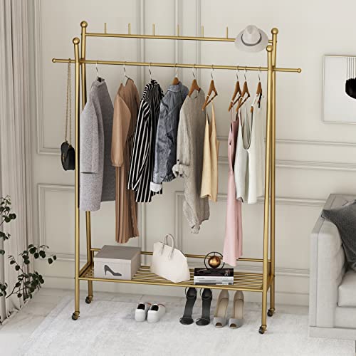 Gold Clothing Rack, Portable Rolling Clothes Racks for Hanging Clothes Heavy Duty Double Rod Boutique Clothing Garment Rack, Coat Rack with a Bottom Shelf 47.2”L