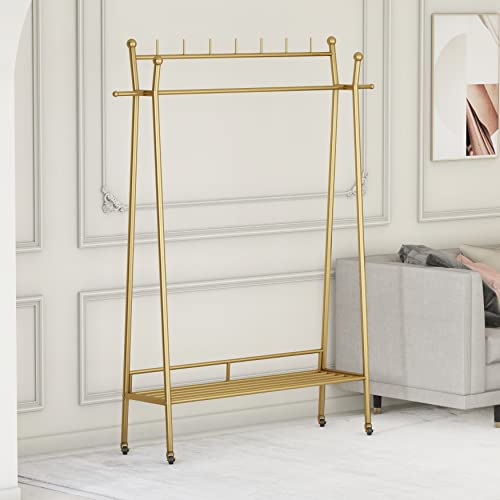 Gold Clothing Rack, Portable Rolling Clothes Racks for Hanging Clothes Heavy Duty Double Rod Boutique Clothing Garment Rack, Coat Rack with a Bottom Shelf 47.2”L