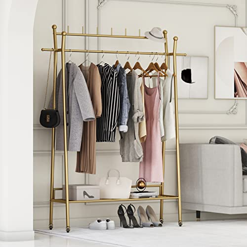 Gold Clothing Rack, Portable Rolling Clothes Racks for Hanging Clothes Heavy Duty Double Rod Boutique Clothing Garment Rack, Coat Rack with a Bottom Shelf 47.2”L