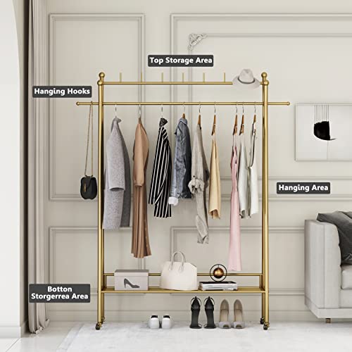 Gold Clothing Rack, Portable Rolling Clothes Racks for Hanging Clothes Heavy Duty Double Rod Boutique Clothing Garment Rack, Coat Rack with a Bottom Shelf 47.2”L