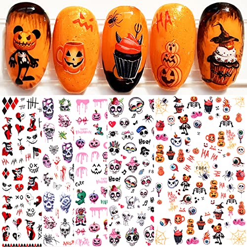 10 Sheets Halloween Nail Art Stickers Decals Self-Adhesive Pegatinas Uñas Cute Horror Scream Skull Darkness Red Harley Quinn Joker Nail Supplies Nail Art Design Decoration Accessories