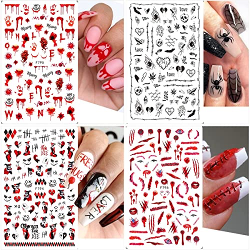 10 Sheets Halloween Nail Art Stickers Decals Self-Adhesive Pegatinas Uñas Cute Horror Scream Skull Darkness Red Harley Quinn Joker Nail Supplies Nail Art Design Decoration Accessories