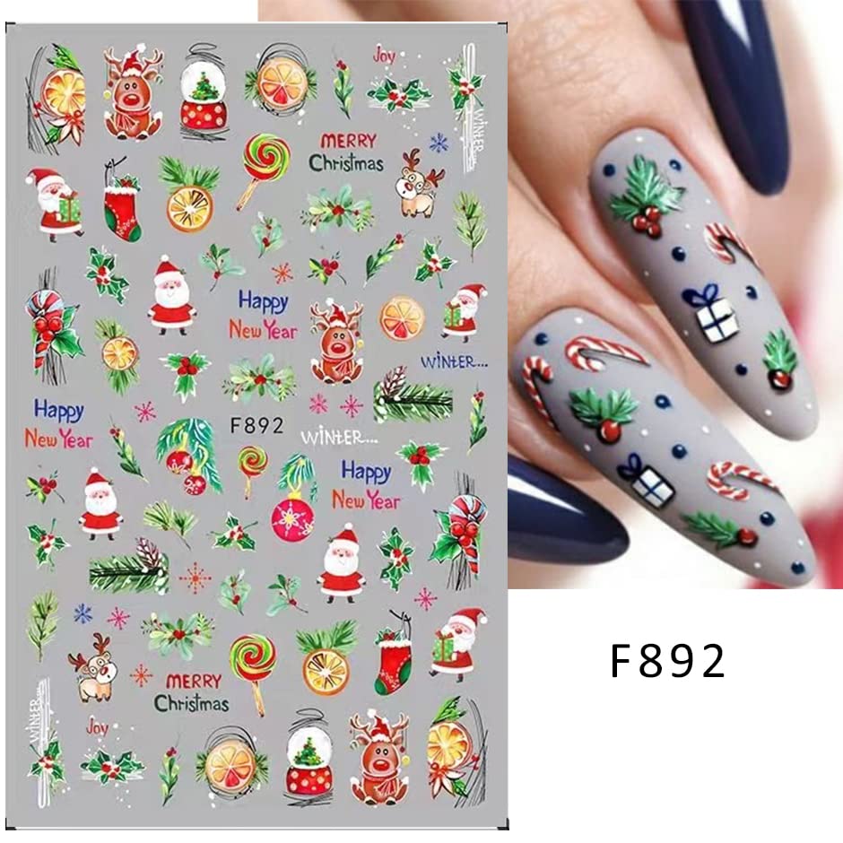 10 Sheets Christmas Nail Art Stickers Decals Self-Adhesive Pegatinas Uñas Navidad Snowflake Santa Claus Reindeer Snowman Nail Supplies Holiday Nail Art Design Decoration Accessories