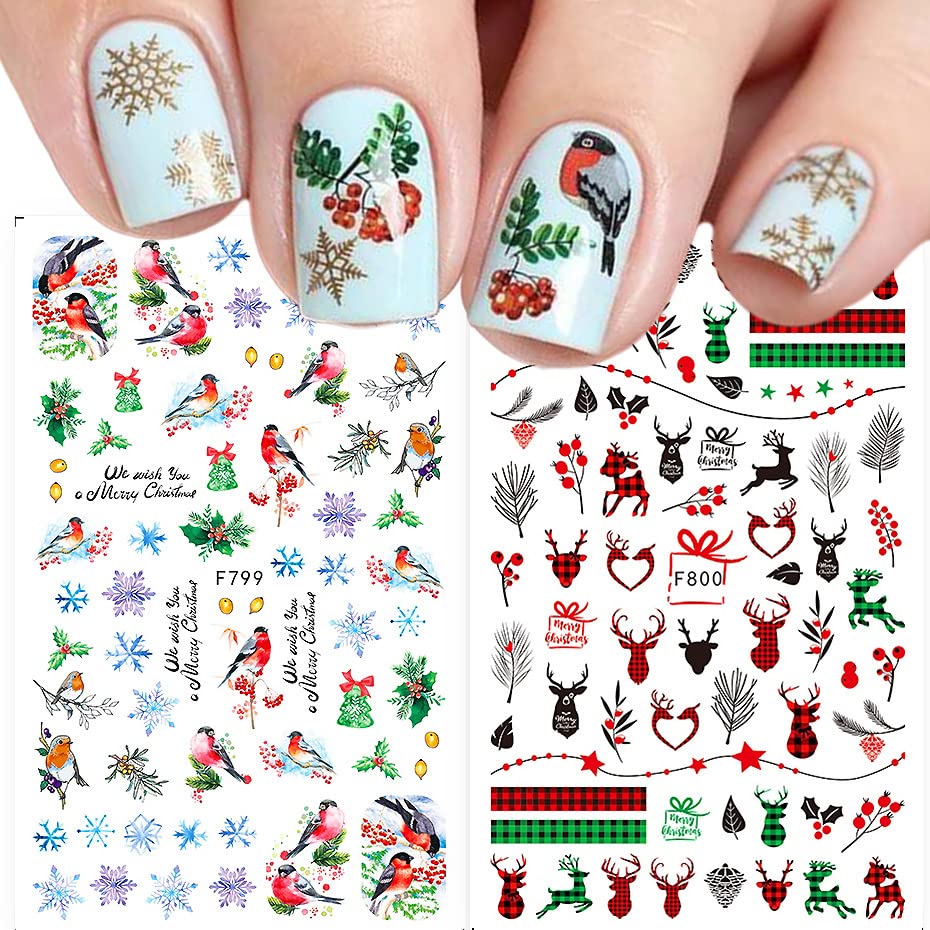 10 Sheets Christmas Nail Art Stickers Decals Self-Adhesive Pegatinas Uñas Navidad Snowflake Santa Claus Reindeer Snowman Nail Supplies Holiday Nail Art Design Decoration Accessories