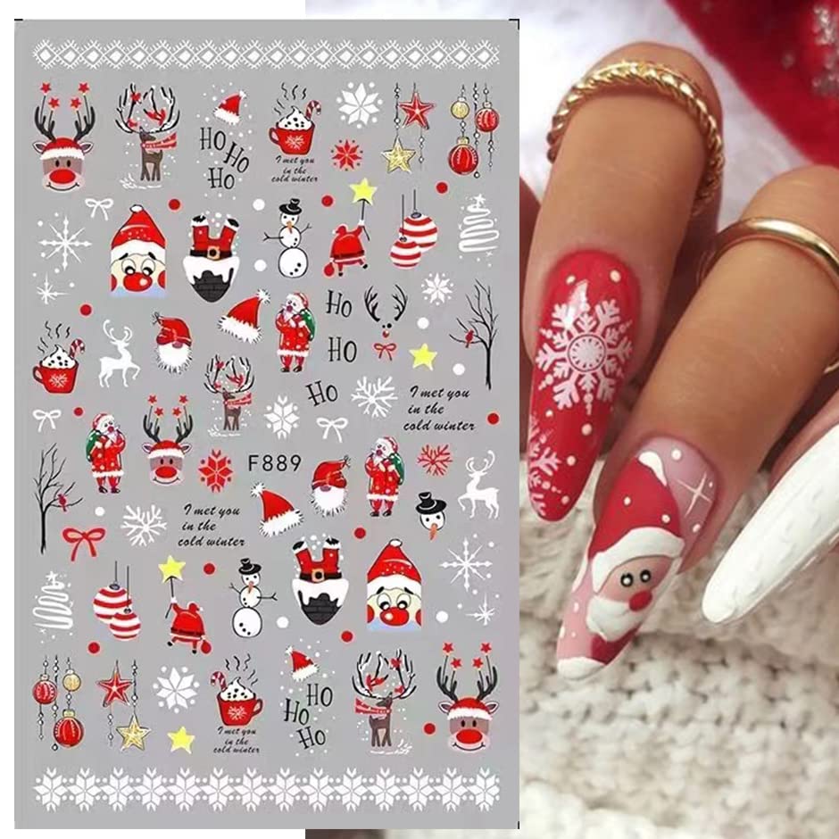 10 Sheets Christmas Nail Art Stickers Decals Self-Adhesive Pegatinas Uñas Navidad Snowflake Santa Claus Reindeer Snowman Nail Supplies Holiday Nail Art Design Decoration Accessories