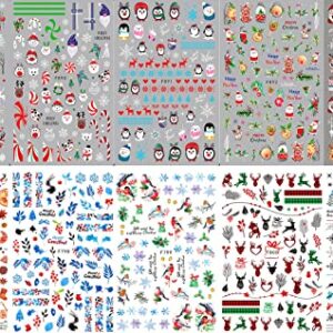 10 Sheets Christmas Nail Art Stickers Decals Self-Adhesive Pegatinas Uñas Navidad Snowflake Santa Claus Reindeer Snowman Nail Supplies Holiday Nail Art Design Decoration Accessories