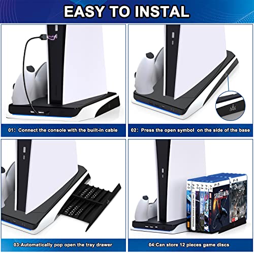 Black PS5 Stand with Cooling Fan and Dual Controller Charger Station, Charging Dock Holder PS5 Accessories Vertical Digital Stand Base for Playstation 5 Console/Disc/Digital Editions