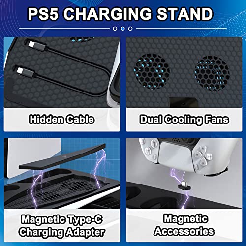 Black PS5 Stand with Cooling Fan and Dual Controller Charger Station, Charging Dock Holder PS5 Accessories Vertical Digital Stand Base for Playstation 5 Console/Disc/Digital Editions