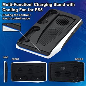 Black PS5 Stand with Cooling Fan and Dual Controller Charger Station, Charging Dock Holder PS5 Accessories Vertical Digital Stand Base for Playstation 5 Console/Disc/Digital Editions