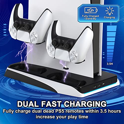 Black PS5 Stand with Cooling Fan and Dual Controller Charger Station, Charging Dock Holder PS5 Accessories Vertical Digital Stand Base for Playstation 5 Console/Disc/Digital Editions