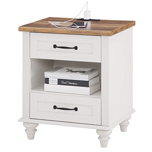 WAMPAT White Nightstand with Charging Station, Side Table with Two Drawers & Open Shelf, Mid-Century End Table Bedside Table with Solid Wood Legs, Night Stand for Bedroom, Living Room