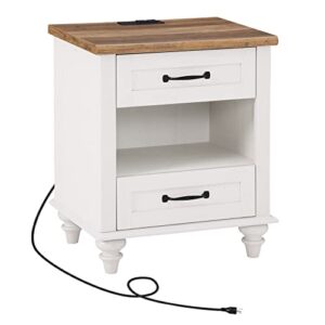 wampat white nightstand with charging station, side table with two drawers & open shelf, mid-century end table bedside table with solid wood legs, night stand for bedroom, living room