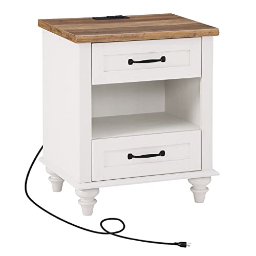 WAMPAT White Nightstand with Charging Station, Side Table with Two Drawers & Open Shelf, Mid-Century End Table Bedside Table with Solid Wood Legs, Night Stand for Bedroom, Living Room