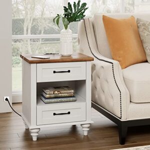 WAMPAT White Nightstand with Charging Station, Side Table with Two Drawers & Open Shelf, Mid-Century End Table Bedside Table with Solid Wood Legs, Night Stand for Bedroom, Living Room
