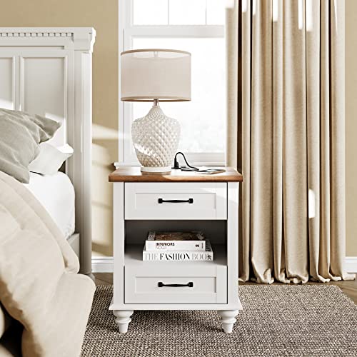 WAMPAT White Nightstand with Charging Station, Side Table with Two Drawers & Open Shelf, Mid-Century End Table Bedside Table with Solid Wood Legs, Night Stand for Bedroom, Living Room