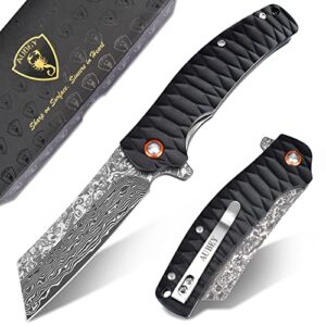 aubey edc damascus pocket knife, 3.34 inch damascus steel hollow grind blade, folding knife with liner lock, ball bearing, aluminum non-slip handle, damascus knife for outdoor camping hunting (black)