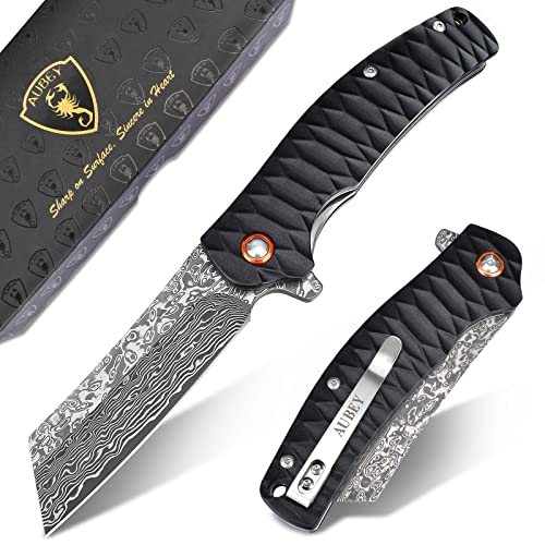 AUBEY EDC Damascus Pocket Knife, 3.34 inch Damascus Steel Hollow Grind Blade, Folding Knife with Liner Lock, Ball Bearing, Aluminum Non-Slip Handle, Damascus Knife for Outdoor Camping Hunting (Black)