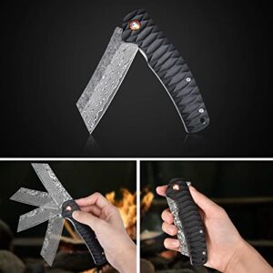 AUBEY EDC Damascus Pocket Knife, 3.34 inch Damascus Steel Hollow Grind Blade, Folding Knife with Liner Lock, Ball Bearing, Aluminum Non-Slip Handle, Damascus Knife for Outdoor Camping Hunting (Black)