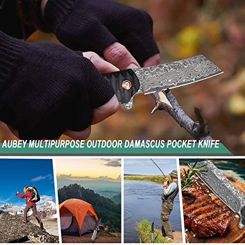 AUBEY EDC Damascus Pocket Knife, 3.34 inch Damascus Steel Hollow Grind Blade, Folding Knife with Liner Lock, Ball Bearing, Aluminum Non-Slip Handle, Damascus Knife for Outdoor Camping Hunting (Black)