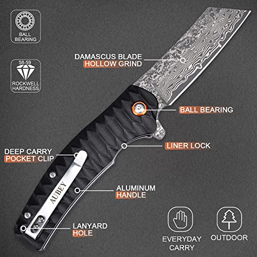AUBEY EDC Damascus Pocket Knife, 3.34 inch Damascus Steel Hollow Grind Blade, Folding Knife with Liner Lock, Ball Bearing, Aluminum Non-Slip Handle, Damascus Knife for Outdoor Camping Hunting (Black)
