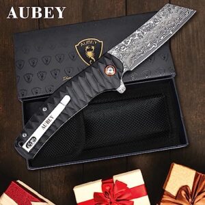 AUBEY EDC Damascus Pocket Knife, 3.34 inch Damascus Steel Hollow Grind Blade, Folding Knife with Liner Lock, Ball Bearing, Aluminum Non-Slip Handle, Damascus Knife for Outdoor Camping Hunting (Black)