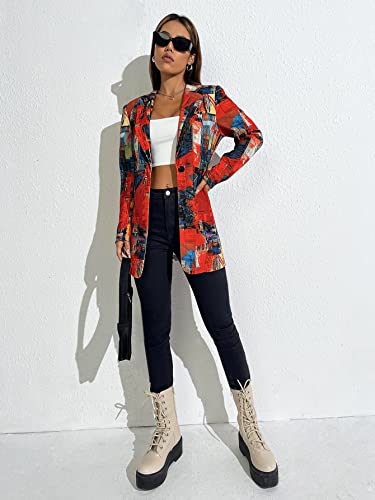 WDIRARA Women's Letter Graphic Print Button Front Blazer Long Sleeve Casual Jacket Multicolor XS