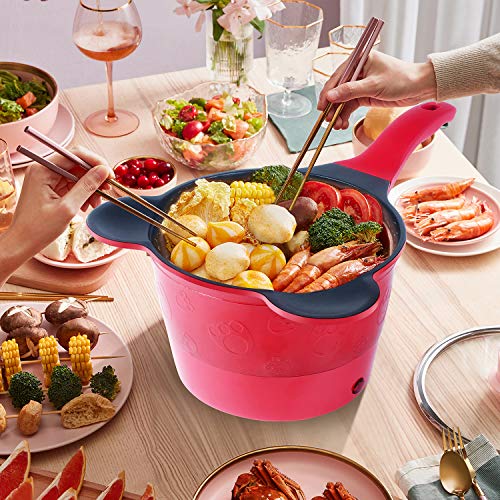 ODPFTY Electric Hot Pot Mini, 1.5L Non-Stick Rapid Noodles Cooker, Multi-functional Mini Electric Sauté Pan with Temperature Control and Over-Heating Protect for Roast, Ramen Cooker, Oatmeal, Soup, Red