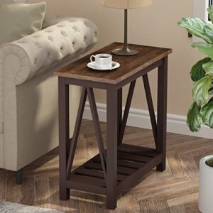 choochoo farmhouse end table, rustic vintage narrow end side table with storage shelf for small spaces, nightstand sofa table for living room, bedroom espresso