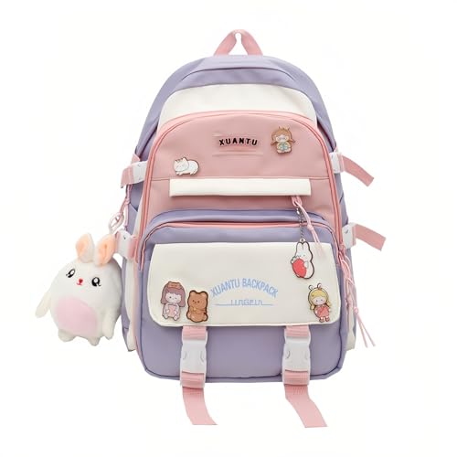 Kawaii Girls Backpack with Pins and Accessories Cute Kids Aesthetic Backpack Teen Bookbags Casual School Bag with Plush Pendant Purple