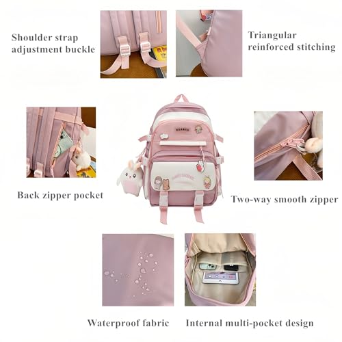 Kawaii Girls Backpack with Pins and Accessories Cute Kids Aesthetic Backpack Teen Bookbags Casual School Bag with Plush Pendant Purple