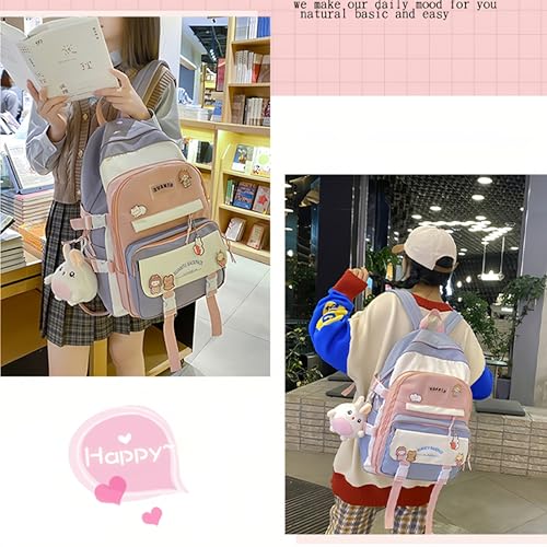 Kawaii Girls Backpack with Pins and Accessories Cute Kids Aesthetic Backpack Teen Bookbags Casual School Bag with Plush Pendant Purple