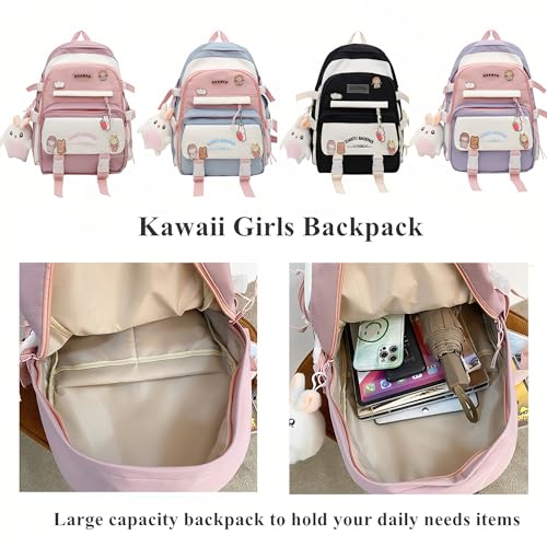 Kawaii Girls Backpack with Pins and Accessories Cute Kids Aesthetic Backpack Teen Bookbags Casual School Bag with Plush Pendant Purple