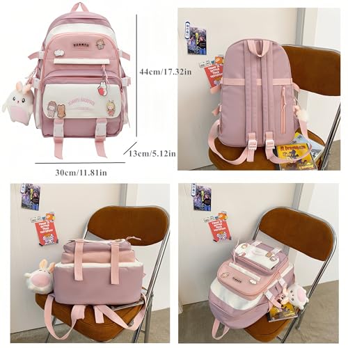 Kawaii Girls Backpack with Pins and Accessories Cute Kids Aesthetic Backpack Teen Bookbags Casual School Bag with Plush Pendant Purple