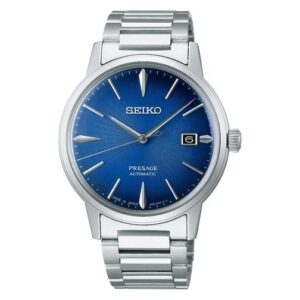 seiko men's blue dial silver stainless steel band automatic watch