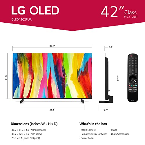 LG 42-Inch Class OLED evo C2 Series Alexa Built-in 4K Smart TV, 120Hz Refresh Rate, AI-Powered 4K, Dolby Vision IQ and Dolby Atmos, WiSA Ready, Cloud Gaming (OLED42C2PUA, 2022) (Renewed)