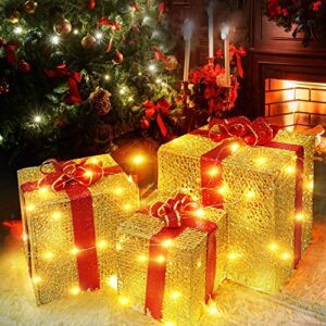 budo set of 3 christmas lighted gift boxes, 100 led light up warm white gold tinsel box decorations with red bow for outdoor indoor christmas tree yard home decor, 6/8/10 inch