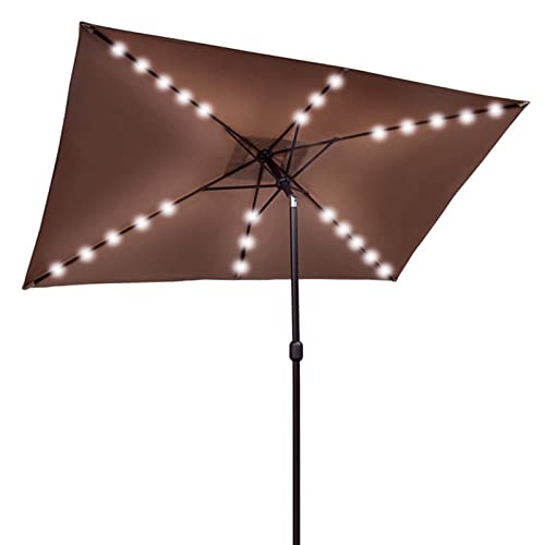 WAHHWF 10x6.5FT Garden Parasol Umbrella with Solar Lights, Rectangular Large Patio Table Umbrella, Deck Pool Outdoor Market Umbrella with Tilt and Crank (Color : Brown)