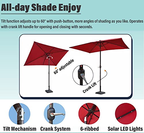 WAHHWF 10x6.5FT Garden Parasol Umbrella with Solar Lights, Rectangular Large Patio Table Umbrella, Deck Pool Outdoor Market Umbrella with Tilt and Crank (Color : Brown)