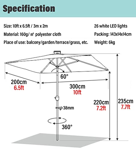 WAHHWF 10x6.5FT Garden Parasol Umbrella with Solar Lights, Rectangular Large Patio Table Umbrella, Deck Pool Outdoor Market Umbrella with Tilt and Crank (Color : Brown)