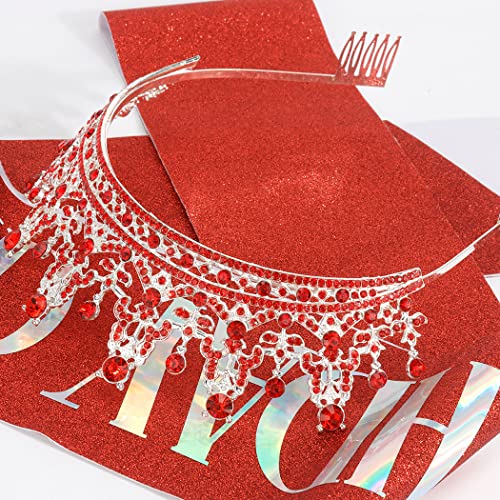 AOPRIE Birthday Girl Sash for Women Guardian Soldiers Birthday Crown for Women Birthday Tiara for Women Birthday Girl Headband Princess Crown Rhinestone Happy Birthday Accessories Red