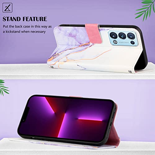 ONV Wallet Case for Oppo Reno 6 Pro+ 5G - Premium Marble Painted Leather Flip Case Stand Card Slot Magnet with Silicone Shell Flip Cover for Oppo Reno 6 Pro+ 5G [Marble] -WhitePurple