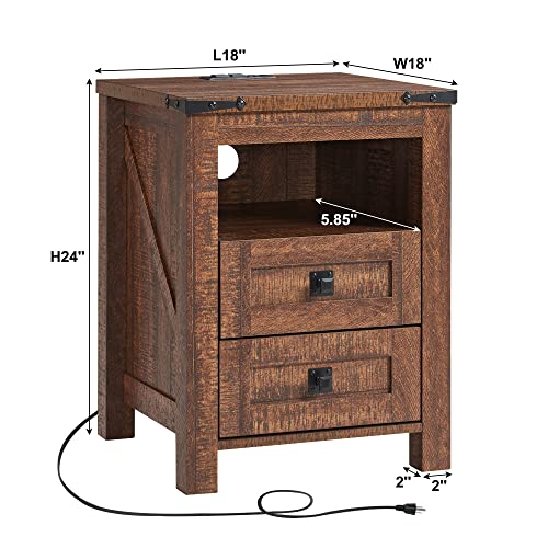 T4TREAM Nightstand wtih Charging Station, End Table, Side Table with 2 Drawers Storage Cabinet for Bedroom, Living Room, Farmhouse Design, Wood Rustic, Reclaimed Barnwood