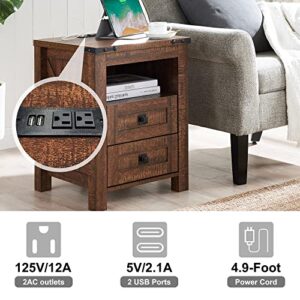 T4TREAM Nightstand wtih Charging Station, End Table, Side Table with 2 Drawers Storage Cabinet for Bedroom, Living Room, Farmhouse Design, Wood Rustic, Reclaimed Barnwood