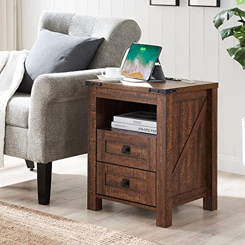 T4TREAM Nightstand wtih Charging Station, End Table, Side Table with 2 Drawers Storage Cabinet for Bedroom, Living Room, Farmhouse Design, Wood Rustic, Reclaimed Barnwood