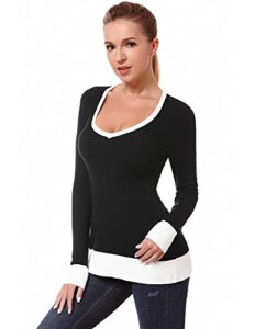 amélieboutik women color trim v neck long sleeve pullover knit sweater top (black and ivory white large)