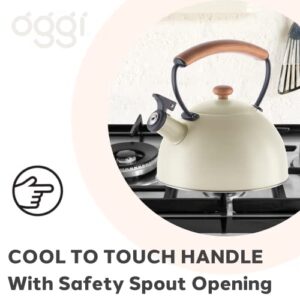 OGGI Tea Kettle for Stove Top - 85oz / 2.5lt, Stainless Steel Kettle with Loud Whistle & Stay-Cool Wood Handle, Ideal Hot Water Kettle and Water Boiler - Warm Gray